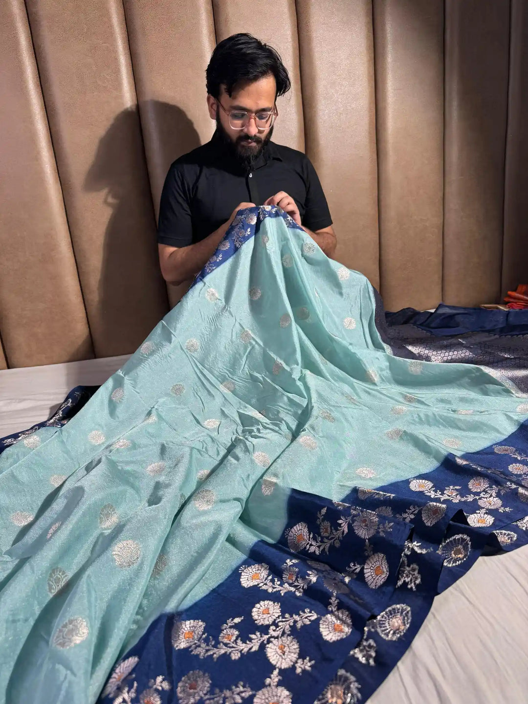 English shade banarasi georgette tissue silk saree with rich pallu and blouse
