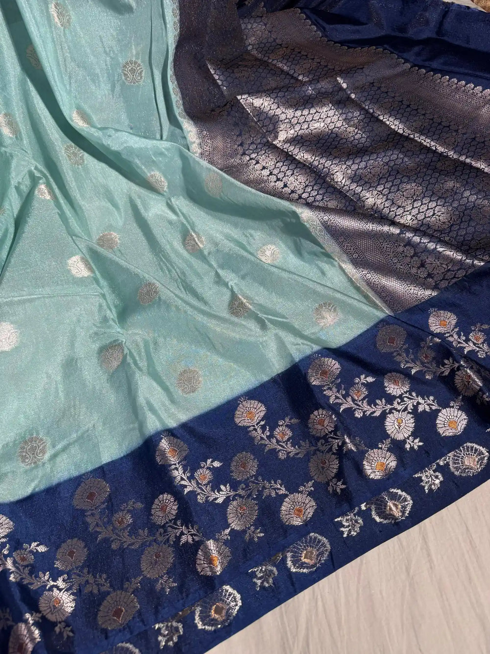 English shade premium banarasi georgette tissue silk saree with rich pallu and blouse