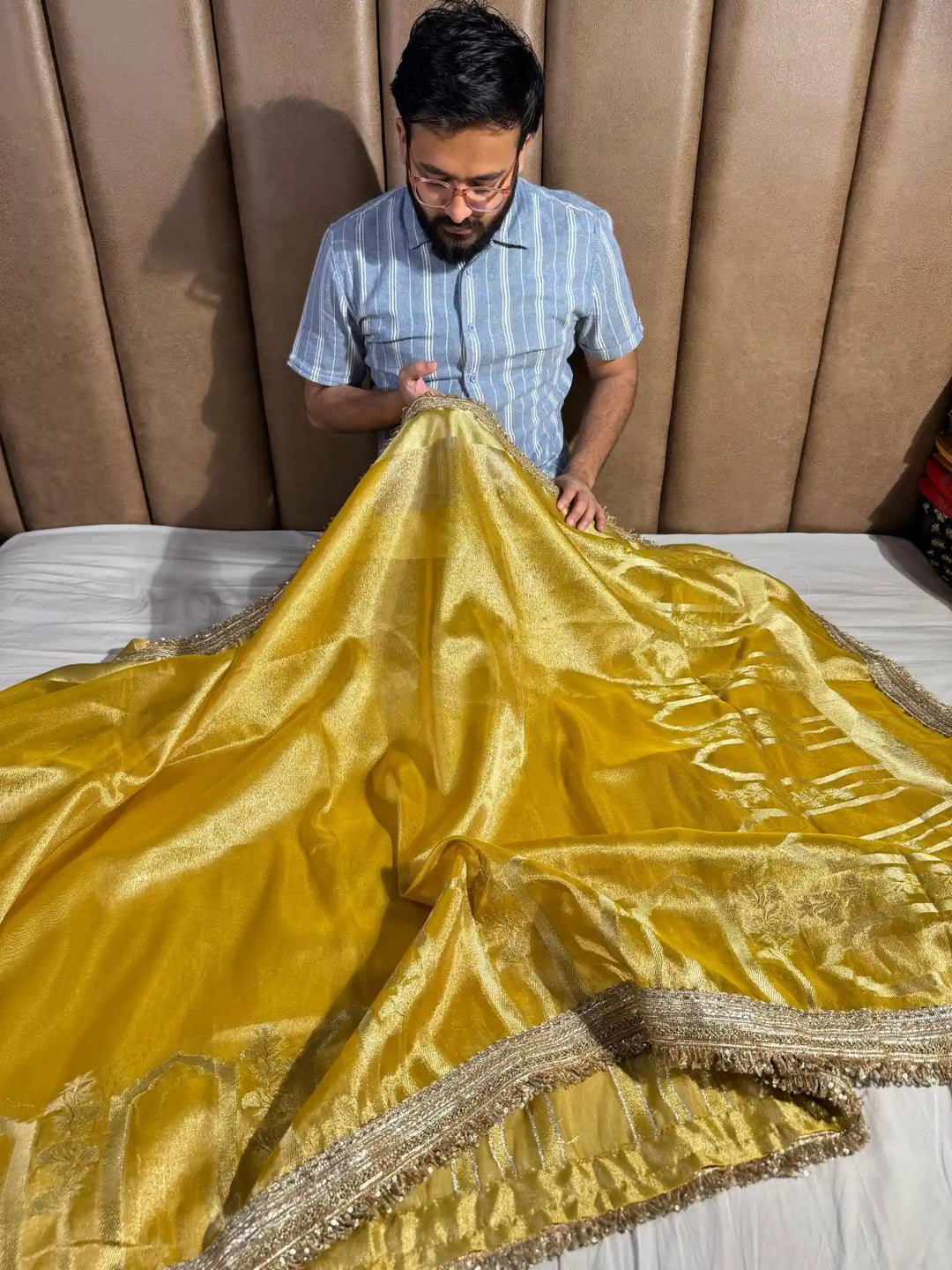 Excusite Yellow Tissue Silk Saree with Heeramandi Lace