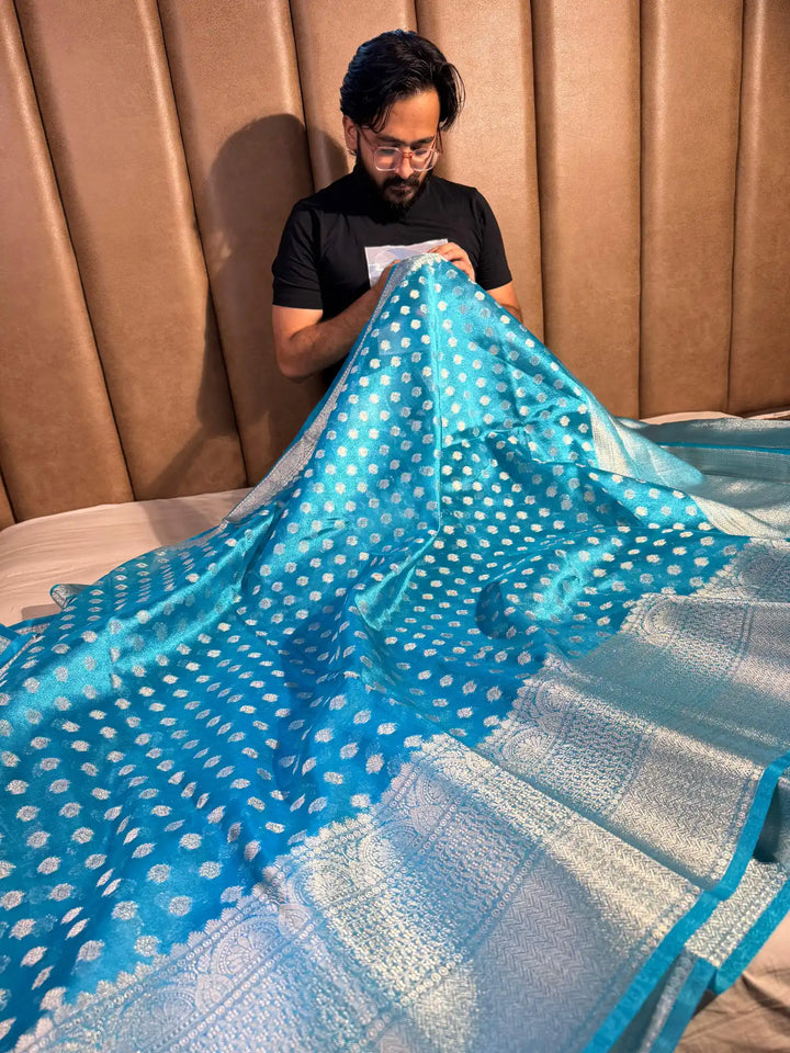 Fairytale Blue Tissue Silk Saree with rich pallu and blouse