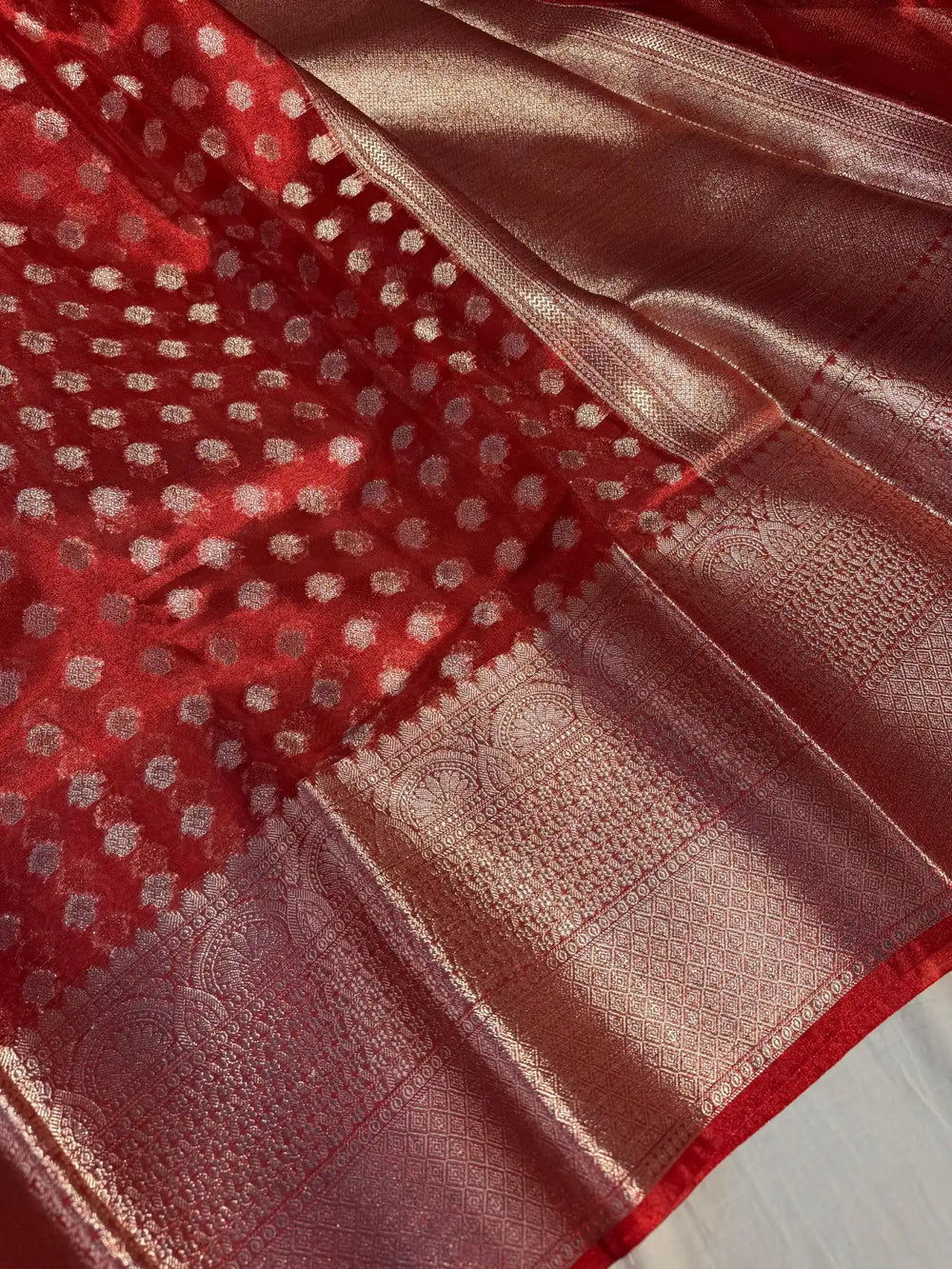 Fairytale Carmine Red Tissue Silk Saree with rich pallu and blouse