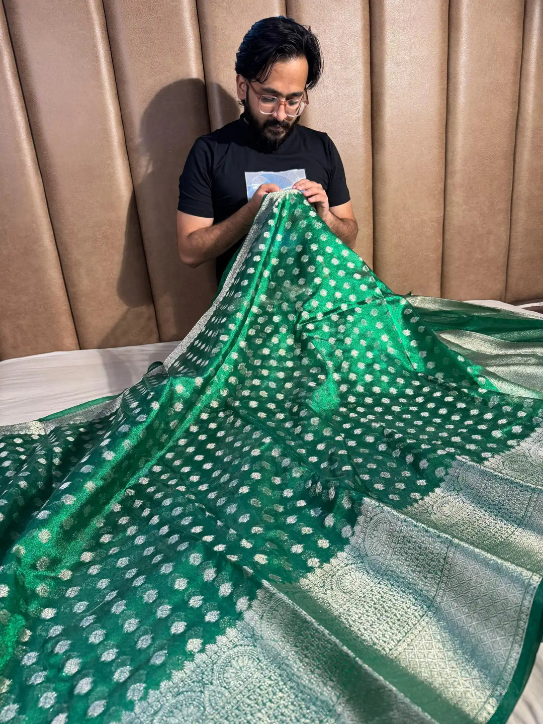 Fairytale Emerald Green Tissue Silk Saree with rich pallu and blouse