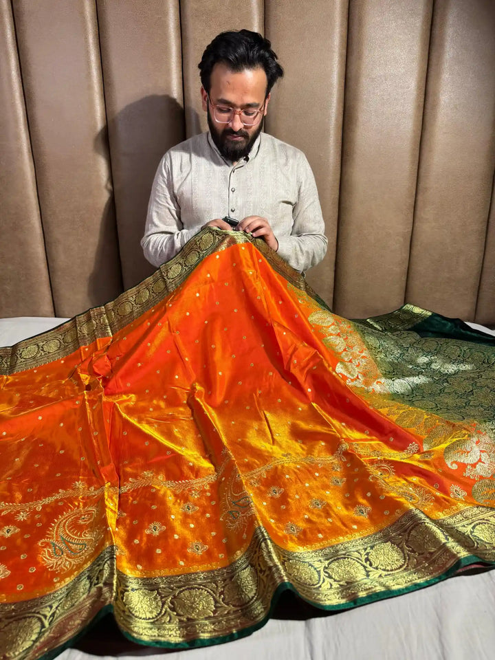 Fanta Orange Banarasi Satin Katan Silk Saree with Embroidery Work