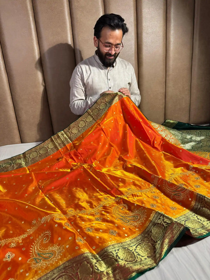 Fanta Orange Banarasi Satin Katan Silk Saree with Embroidery Work
