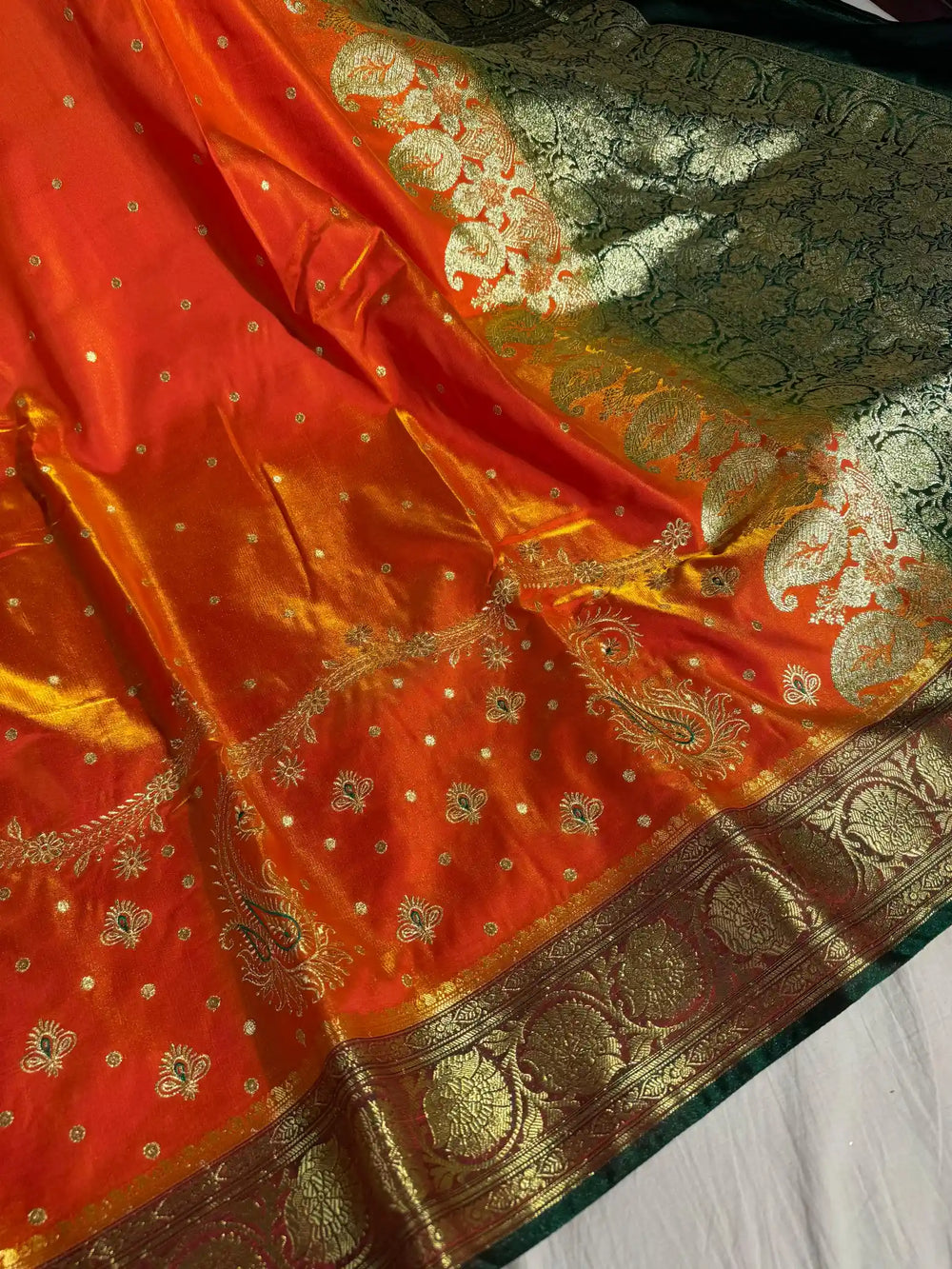 Fanta Orange Banarasi Satin Katan Silk Saree with Embroidery Work