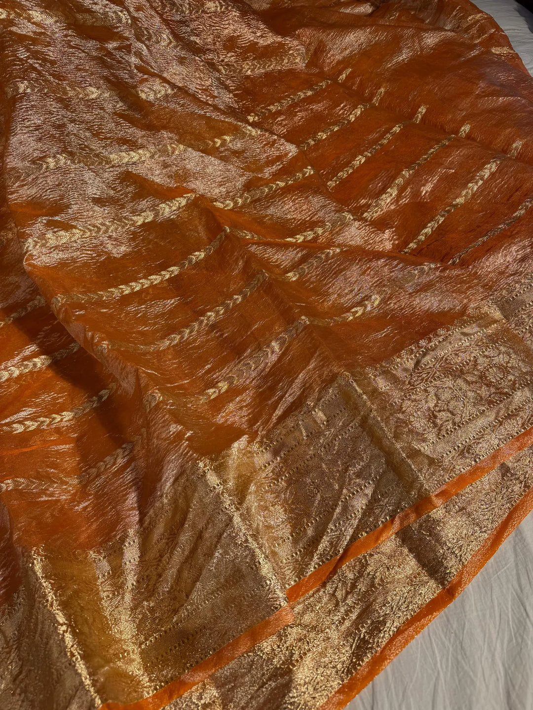 Fanta Orange Banarasi crush tissue silk saree with rich pallu and blouse