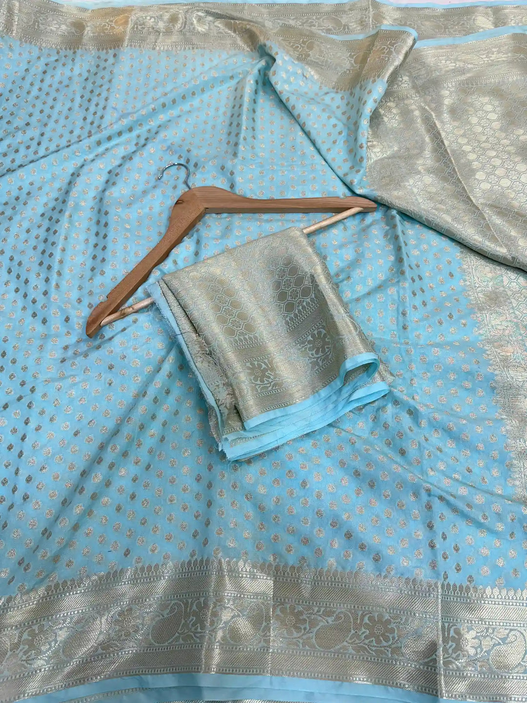 Firozi Blue Chiniya Silk Zari Buti Weave Banarasi Saree