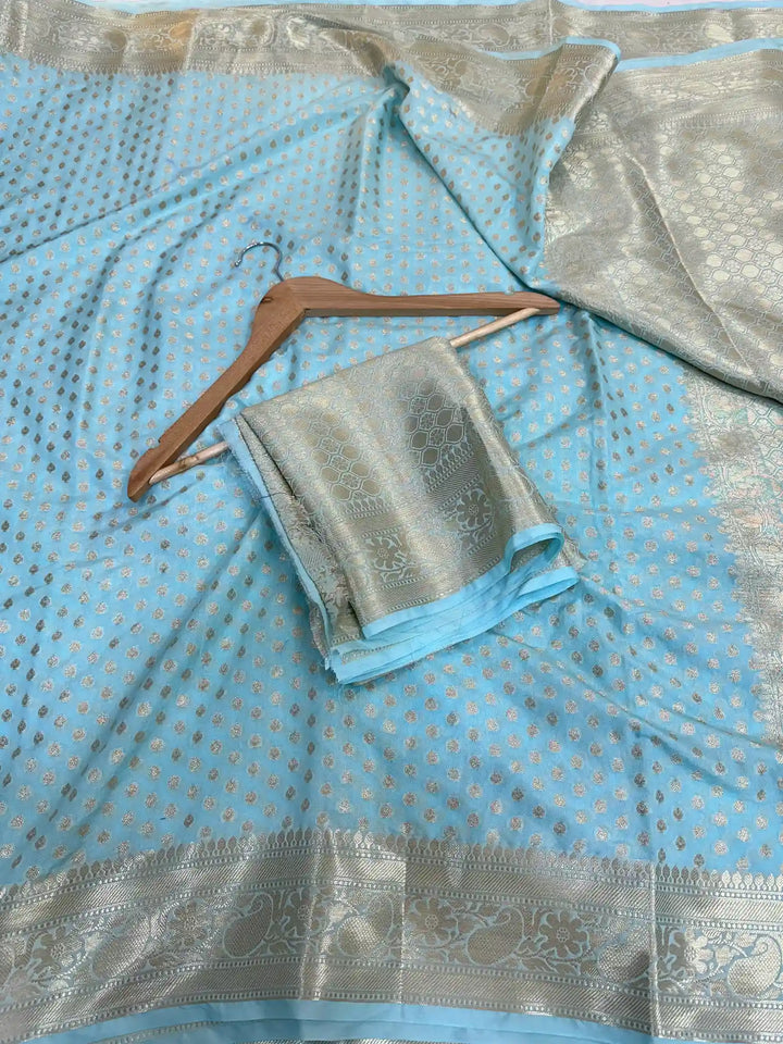 Firozi Blue Chiniya Silk Zari Buti Weave Banarasi Saree