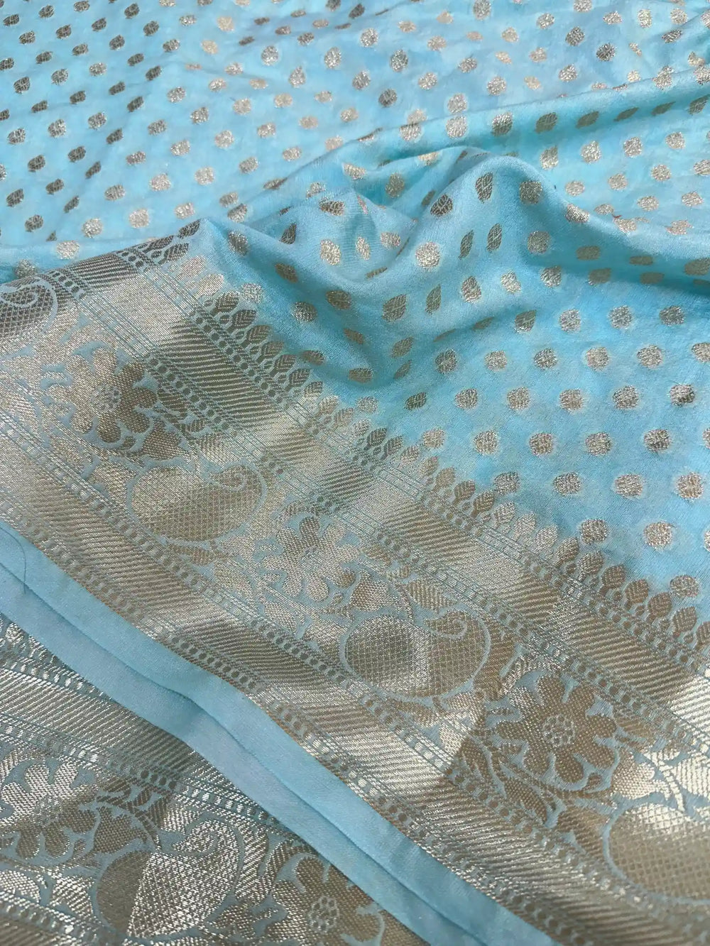 Firozi Blue Chiniya Silk Zari Buti Weave Banarasi Saree