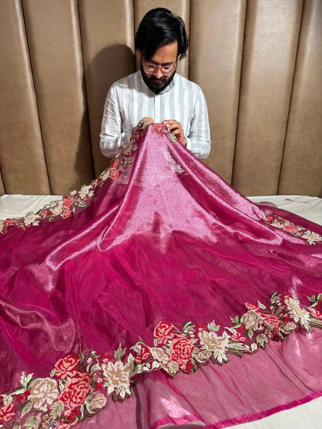 Full Pink Tone Tissue Silk Saree with Crochet work and pallu work