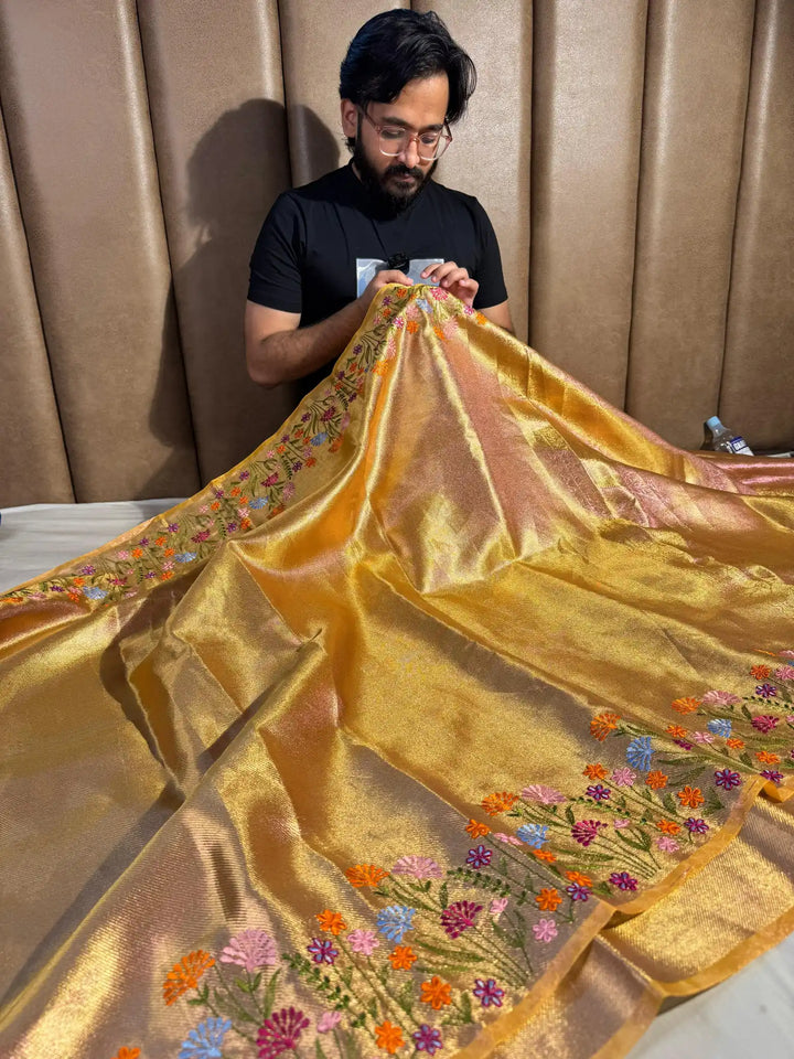 Golden Designer Tissue Silk Saree with Rich Border Chikankari and pallu