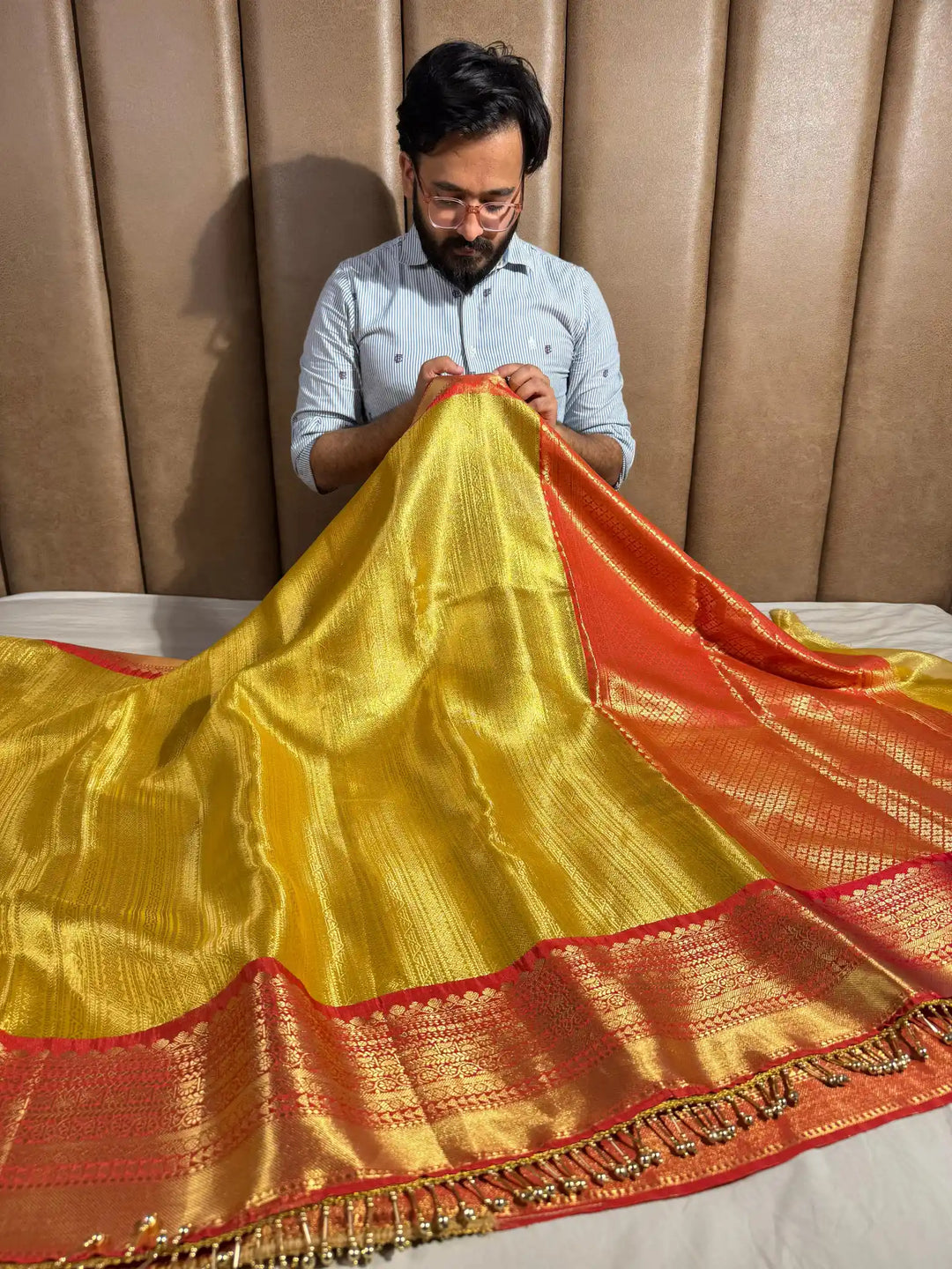 Golden Nita Ambani Mam inspired tissue silk saree with heavy jarkan lace work