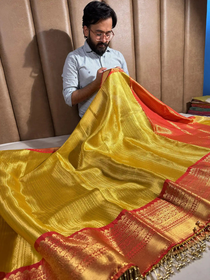 Golden Nita Ambani Mam inspired tissue silk saree with heavy jarkan lace work
