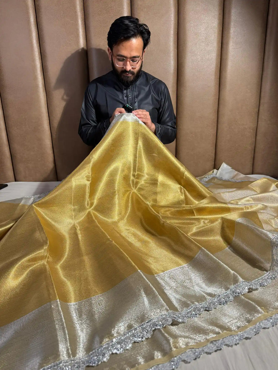 Golden Shade Tissue Silk Saree with Lacework