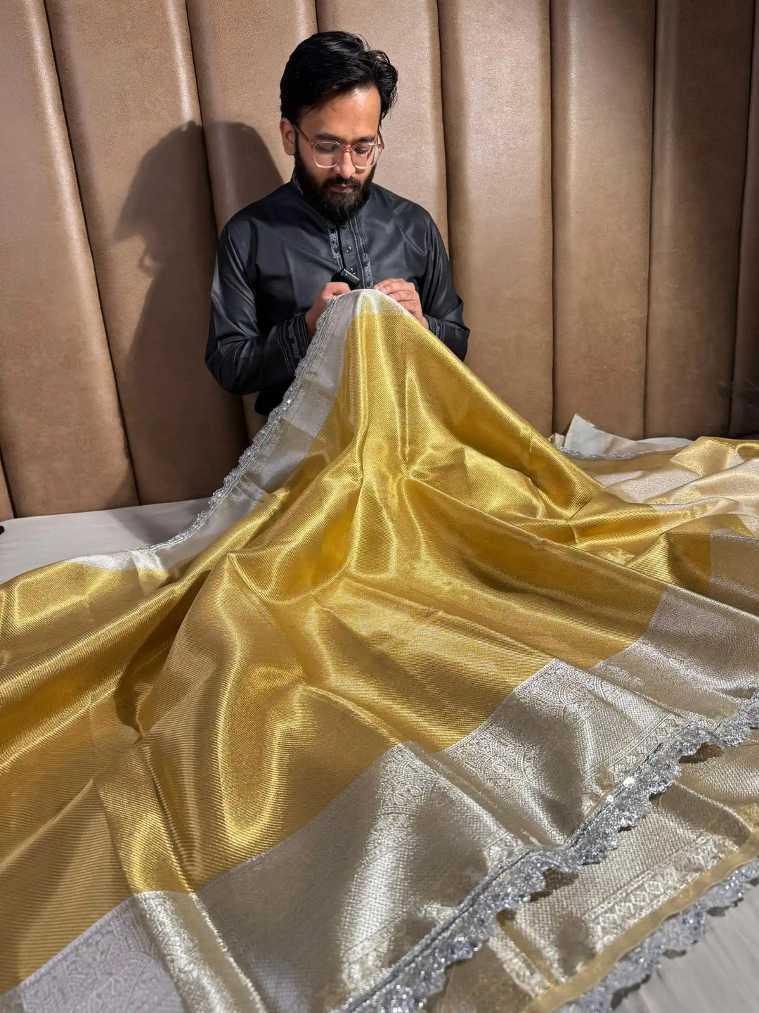Golden Shade Tissue Silk Saree with Lacework