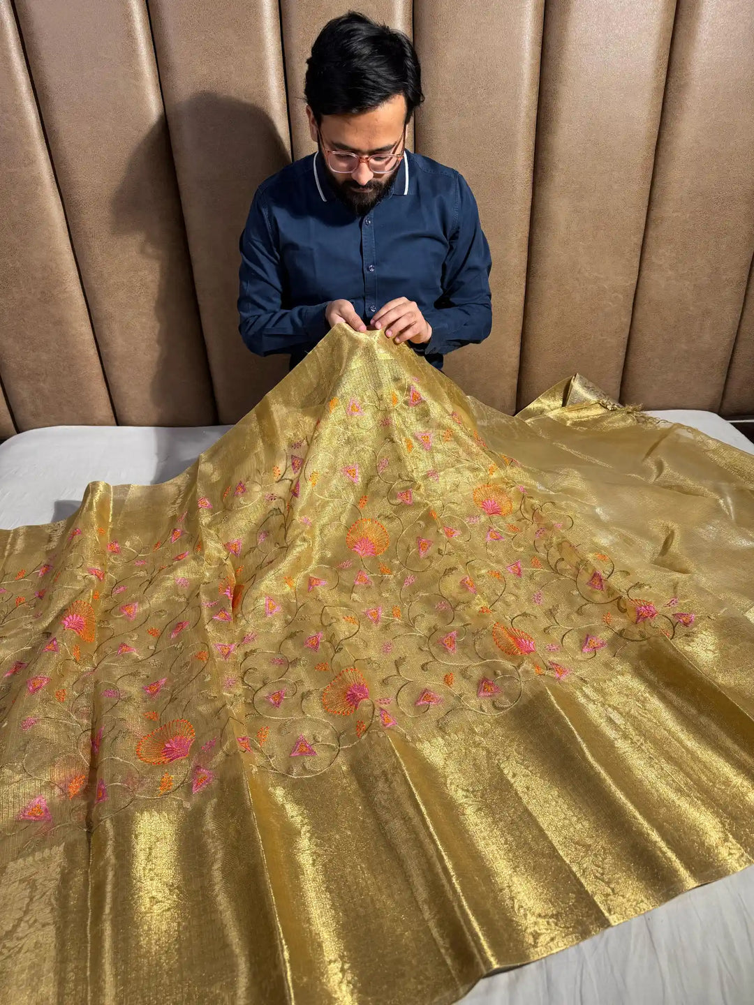 Golden Tissue Kota Silk Saree with Flower Thread Work and Zari Pallu