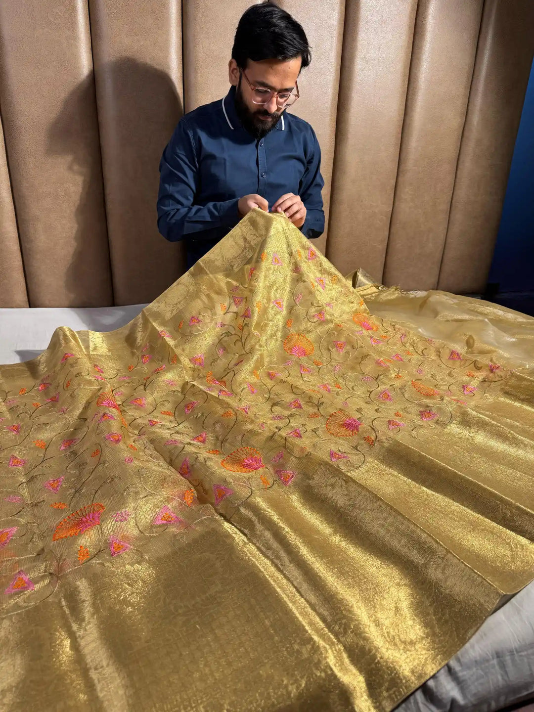 Golden Tissue Kota Silk Saree with Flower Thread Work and Zari Pallu