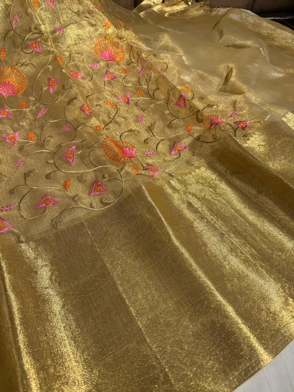 Golden Tissue Kota Silk Saree with Flower Thread Work and Zari Pallu