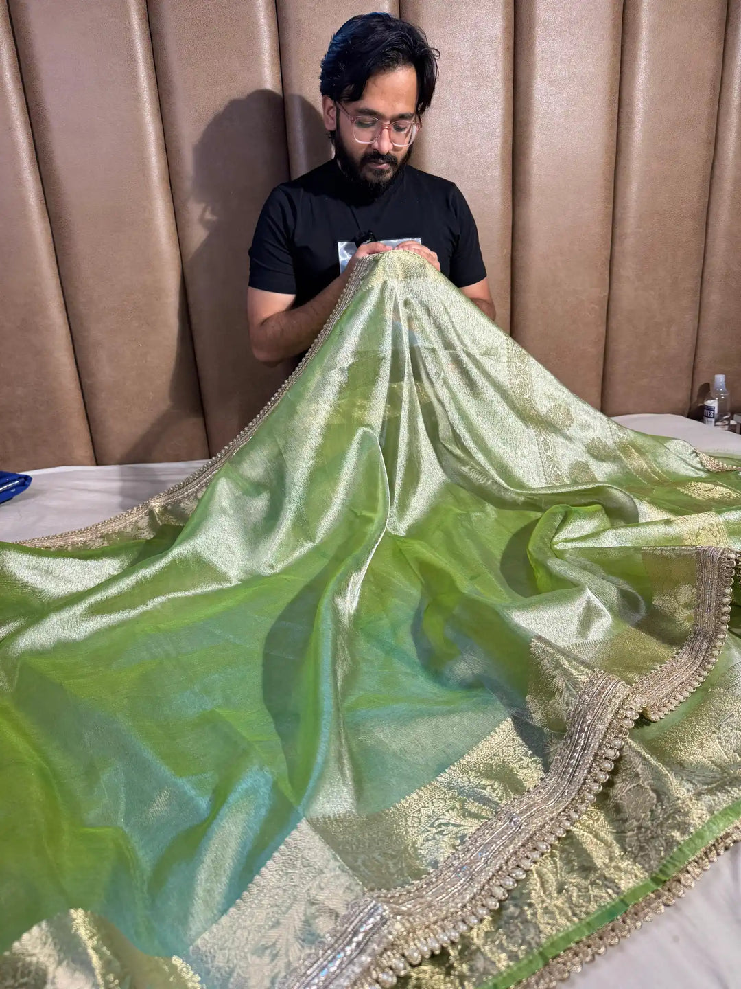 Green Banarasi Tissue Silk Saree with Rich Pallu and Lacework