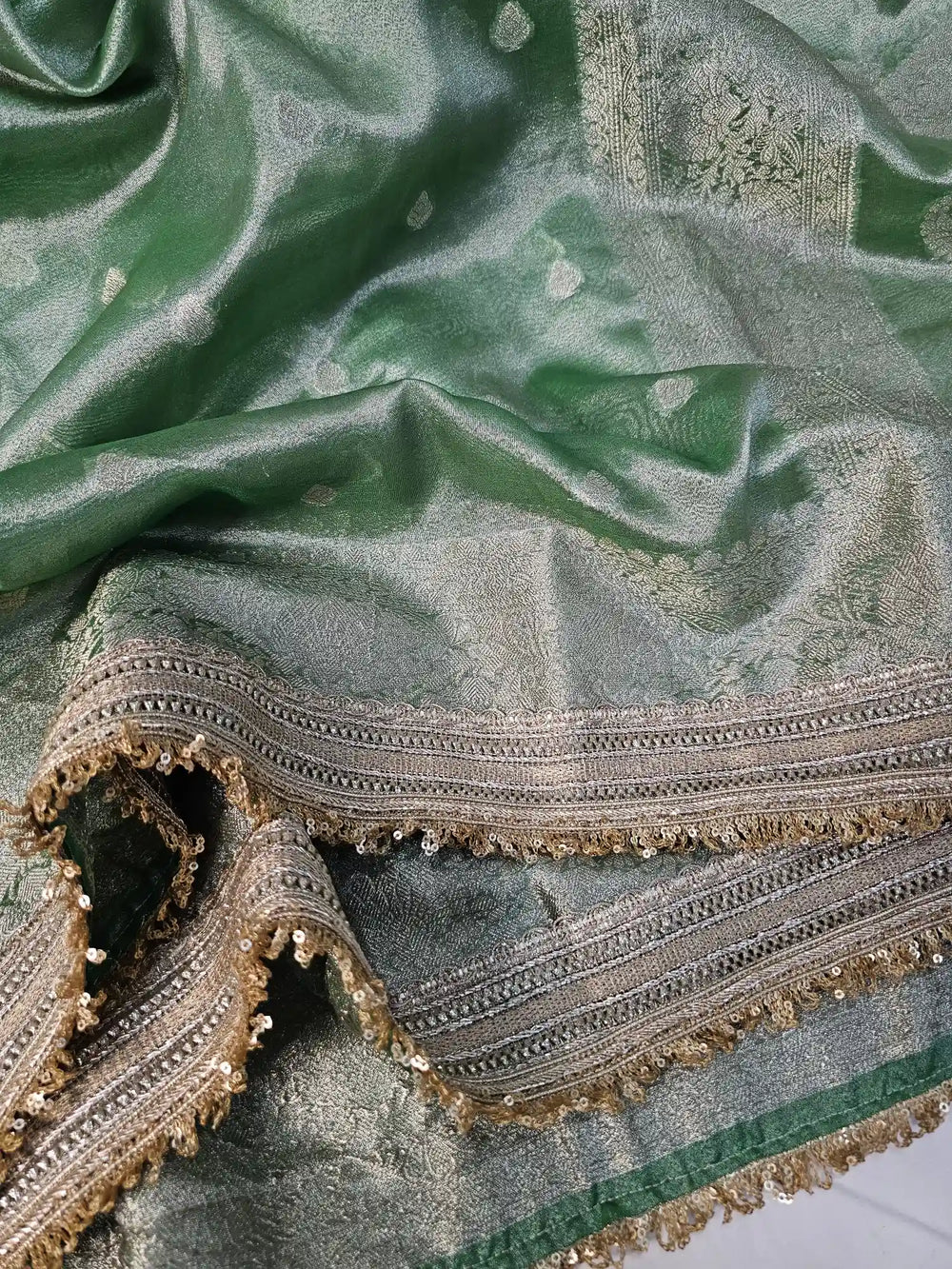 Green Premium Tissue Silk Saree with Exclusive Lace Work