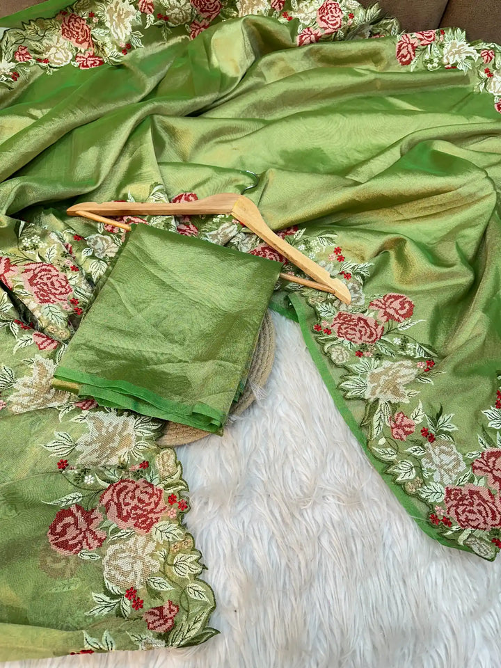 Green Tissue Crochet work saree with Exclusive border