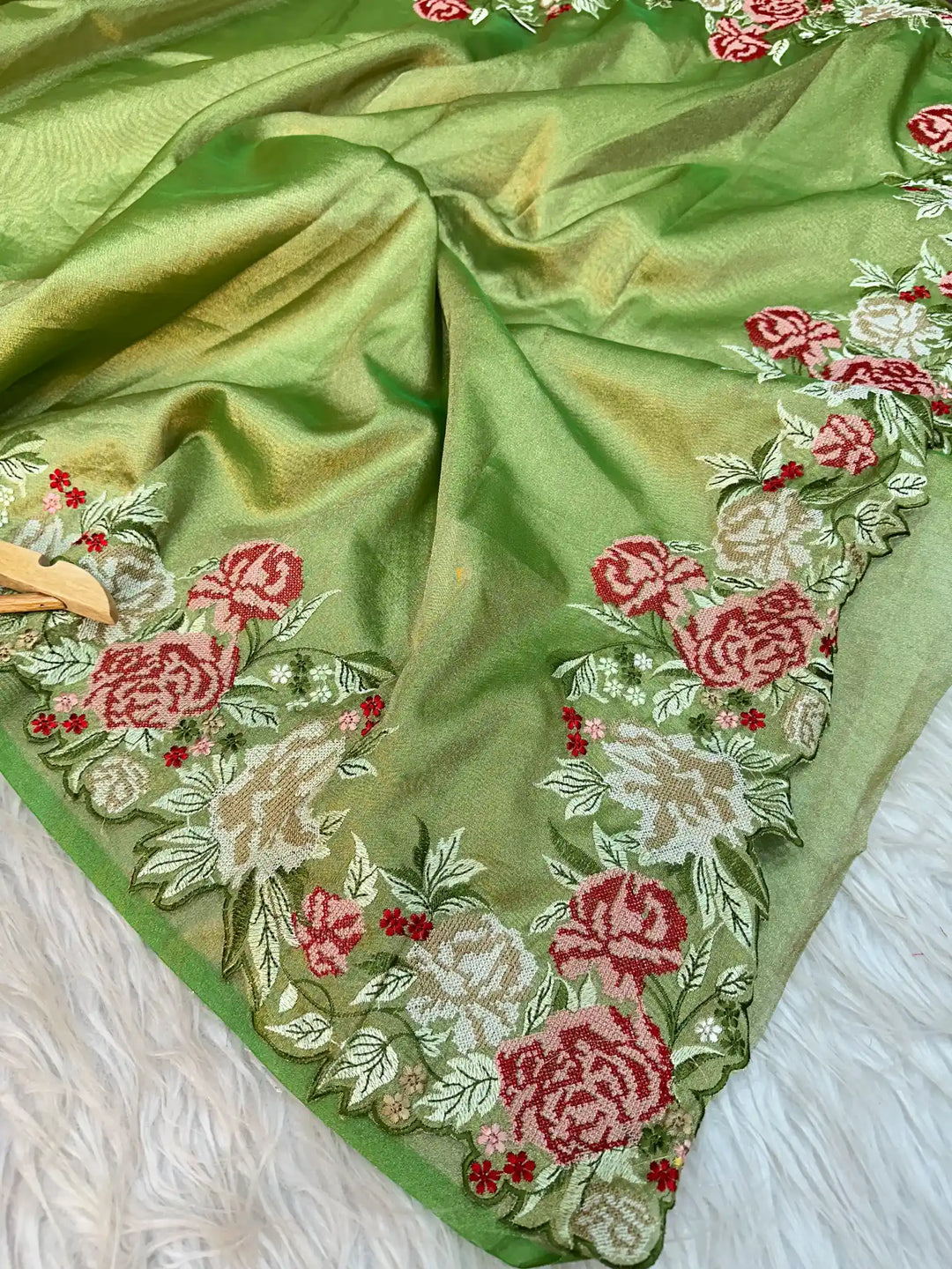 Green Tissue Crochet work saree with Exclusive border