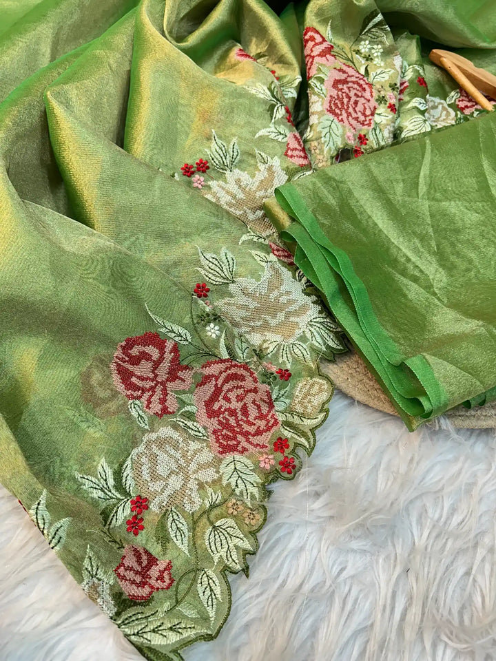 Green Tissue Crochet work saree with Exclusive border
