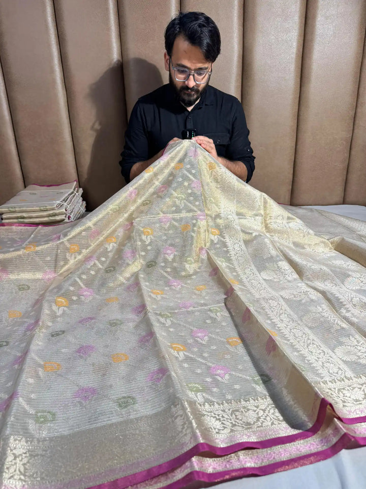 Handloom inspired premium lightweight tissue kota silk saree with meenakari work