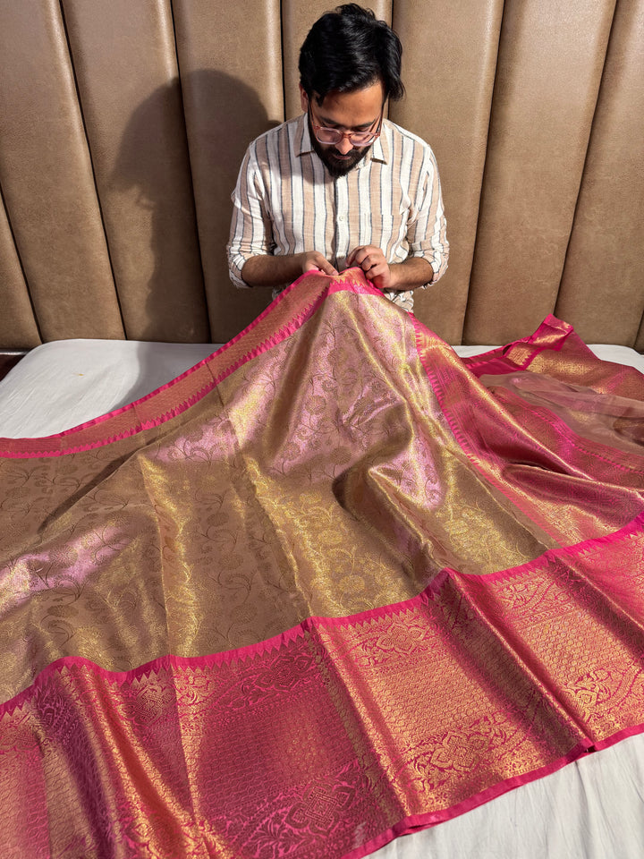 Dual Pink Katan Tissue Silk Floral Jaal Banarasi Saree