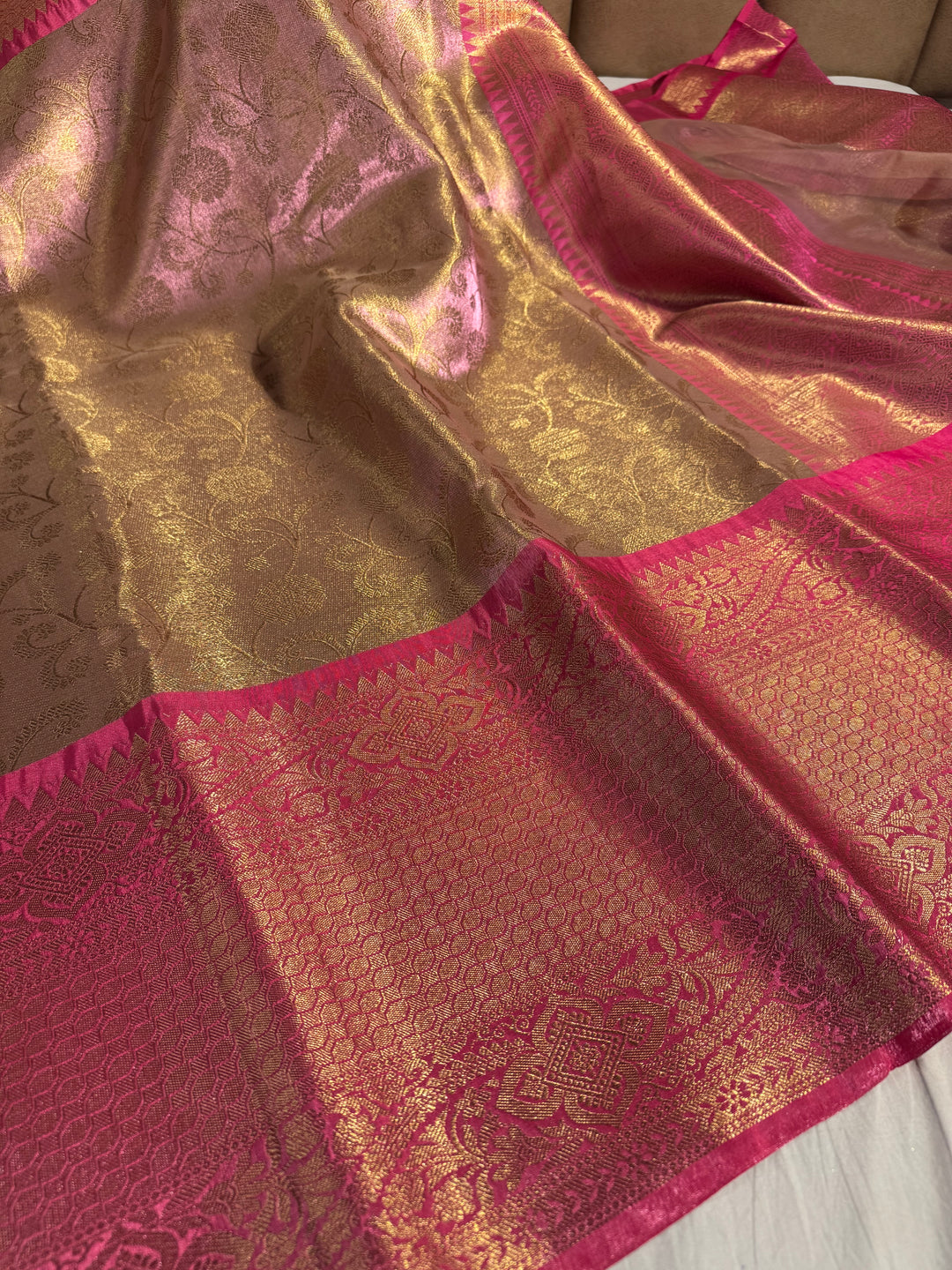 Dual Pink Katan Tissue Silk Floral Jaal Banarasi Saree