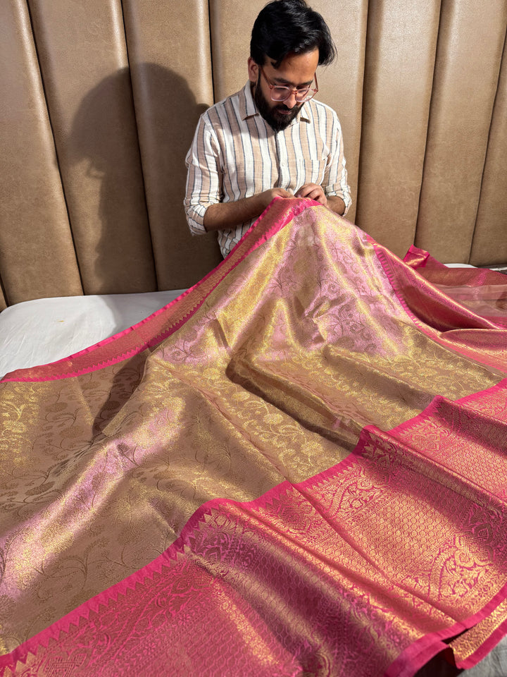 Dual Pink Katan Tissue Silk Floral Jaal Banarasi Saree