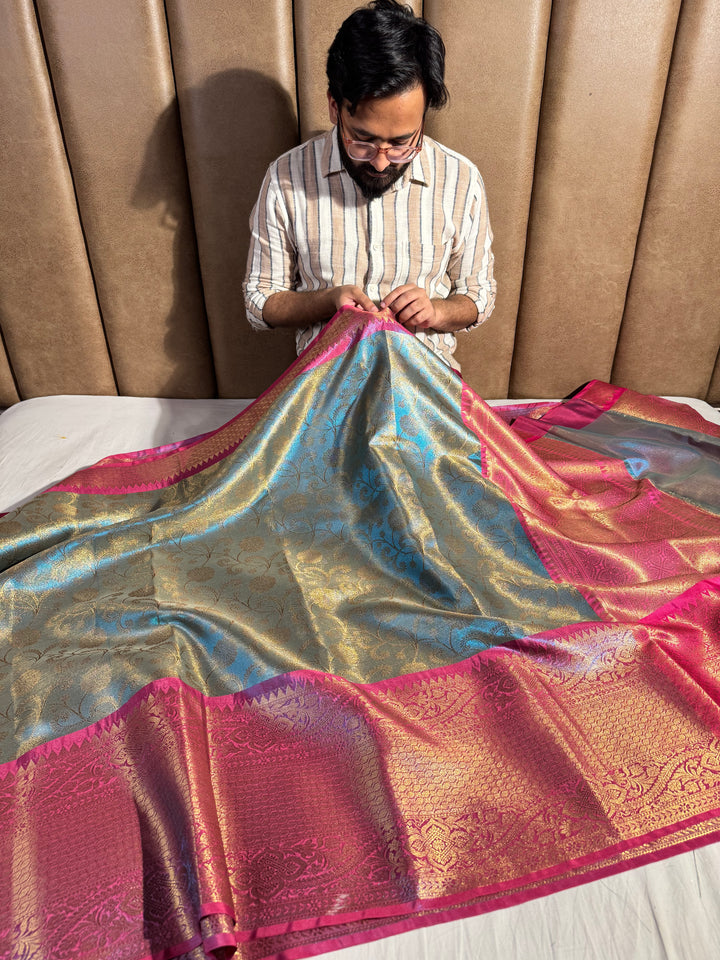 Dual Blue Katan Tissue Silk Floral Jaal Banarasi Saree