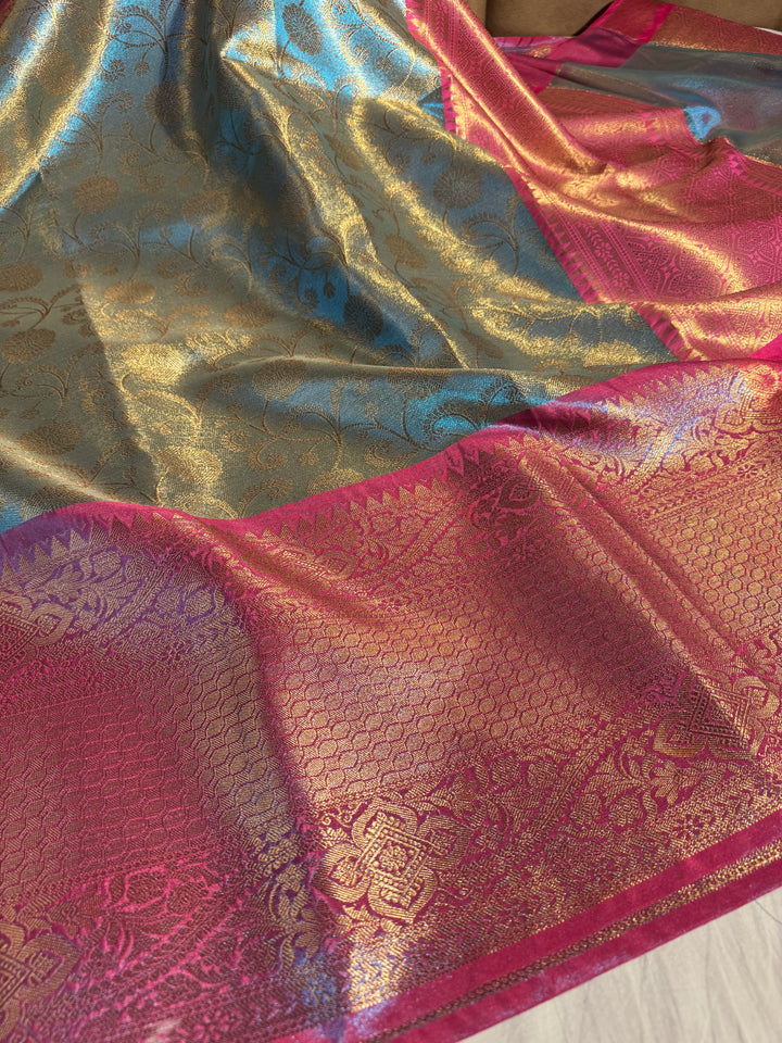 Dual Blue Katan Tissue Silk Floral Jaal Banarasi Saree