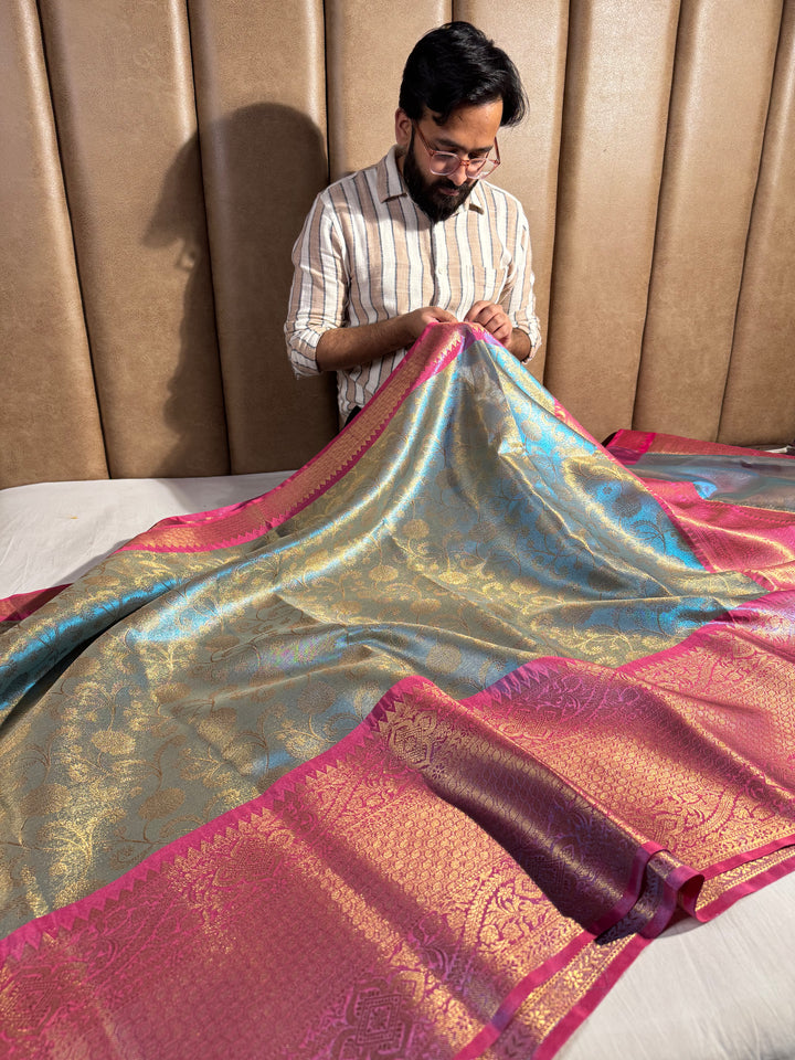 Dual Blue Katan Tissue Silk Floral Jaal Banarasi Saree
