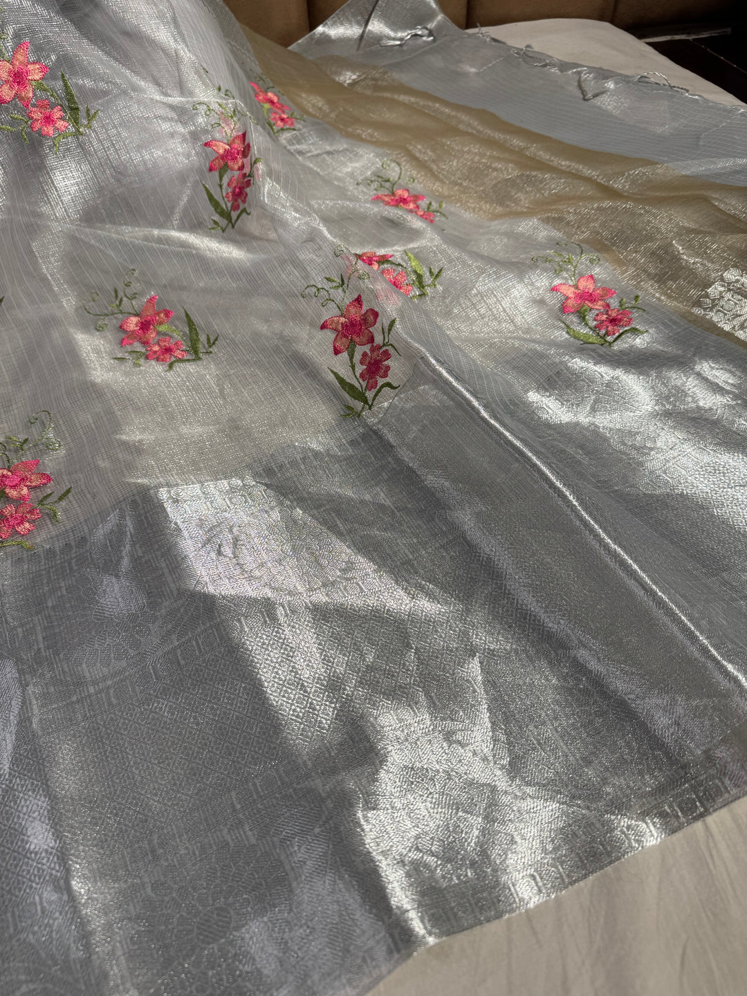 Silver Tissue Kota Silk Saree with Flower Thread Work and Zari Pallu