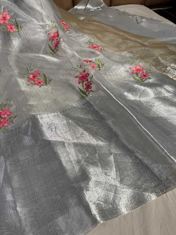 Silver Tissue Kota Silk Saree with Flower Thread Work and Zari Pallu