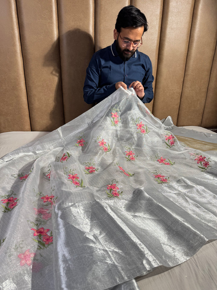Silver Tissue Kota Silk Saree with Flower Thread Work and Zari Pallu