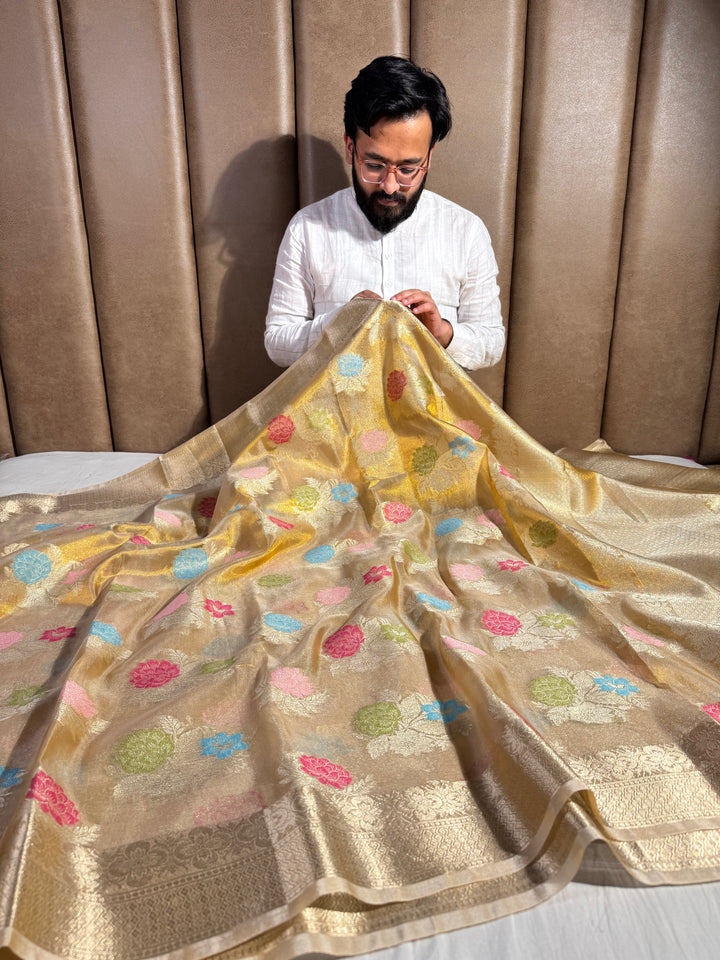 Copper Tissue Silk Meenkari Saree with rich pallu and blouse