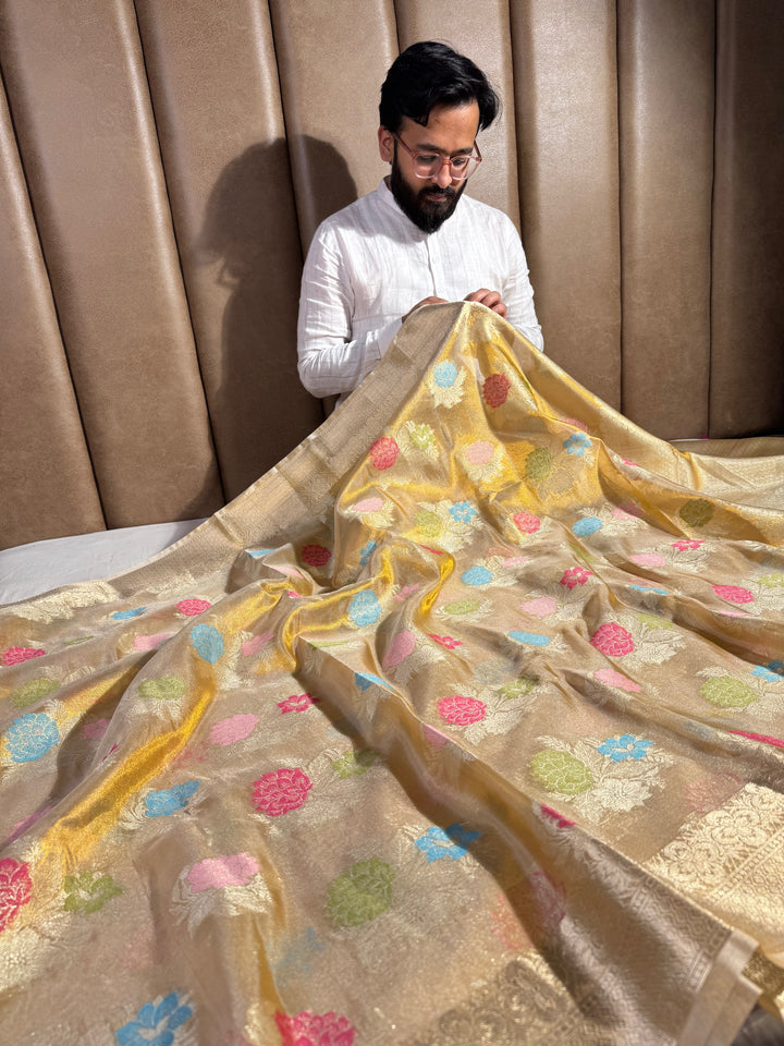 Copper Tissue Silk Meenkari Saree with rich pallu and blouse