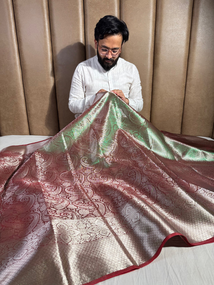 Neon Reddish Green Glass Tissue Silk Banarasi Saree