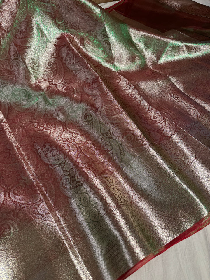 Neon Reddish Green Glass Tissue Silk Banarasi Saree