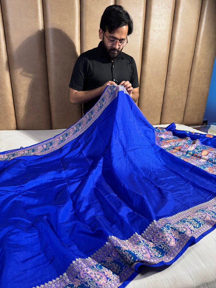 Blue Banarasi Georgette Silk Golden Zari Border Banarasi Saree