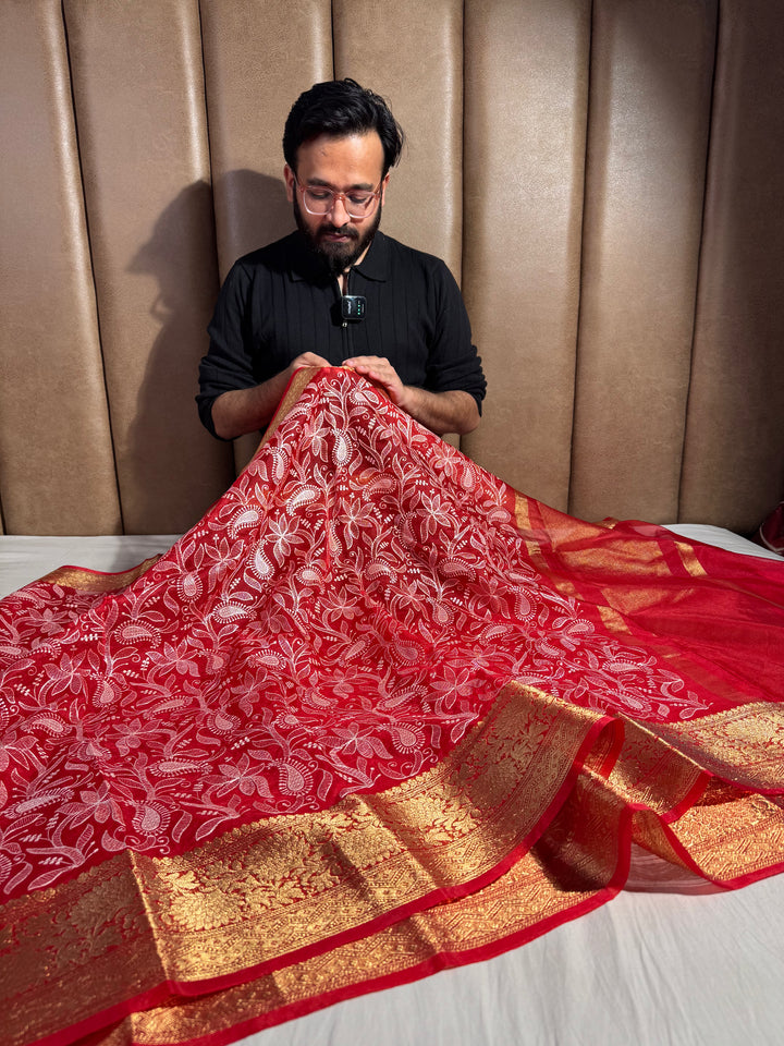 Bridal Red Organza Silk Chikankari Work Banarasi Saree