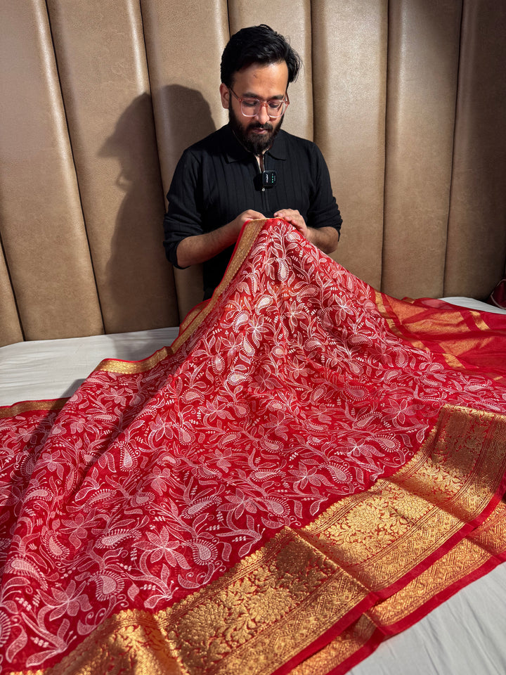 Bridal Red Organza Silk Chikankari Work Banarasi Saree