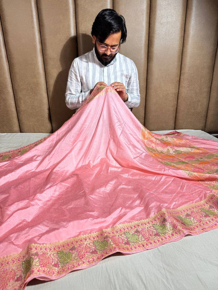 Pink Banarasi Georgette Silk Golden Zari Border & Floral Motifs Saree