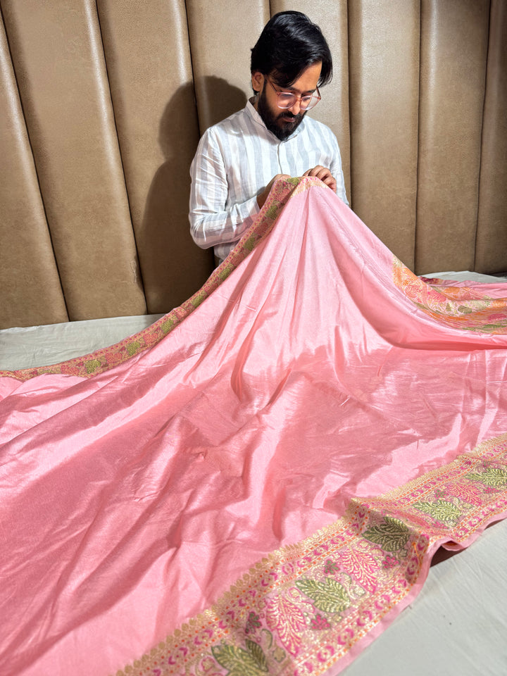 Pink Banarasi Georgette Silk Golden Zari Border & Floral Motifs Saree