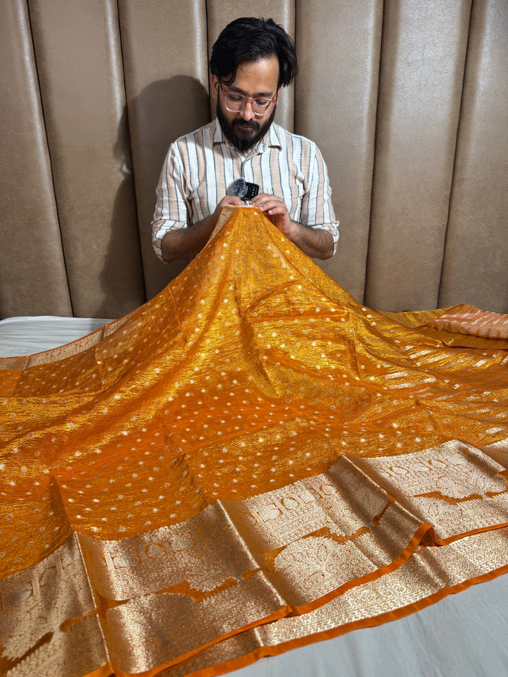 Orange Tissue banarasi saree with rich pallu and blouse