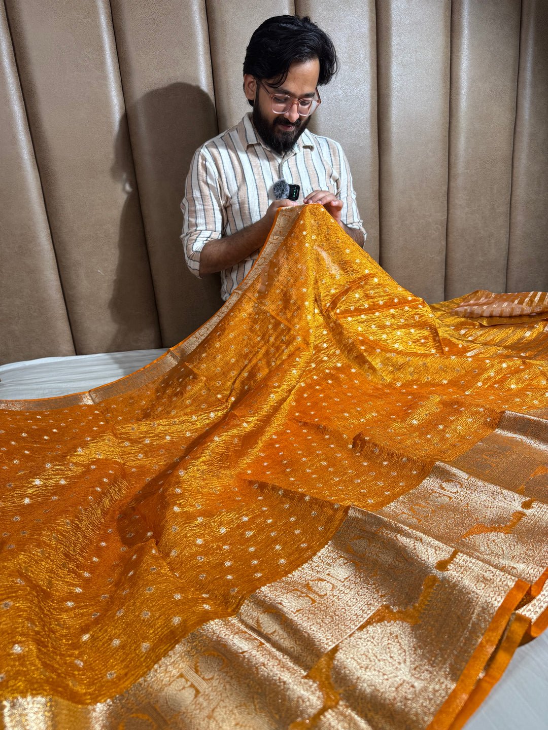 Orange Tissue banarasi saree with rich pallu and blouse