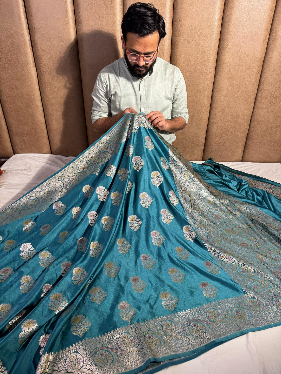 Ice Blue Shade Mashru Katan Silk Saree with Handwork