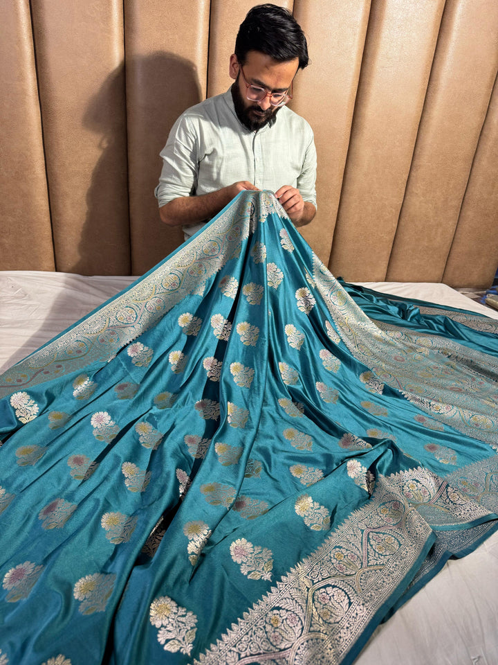 Ice Blue Shade Mashru Katan Silk Saree with Handwork
